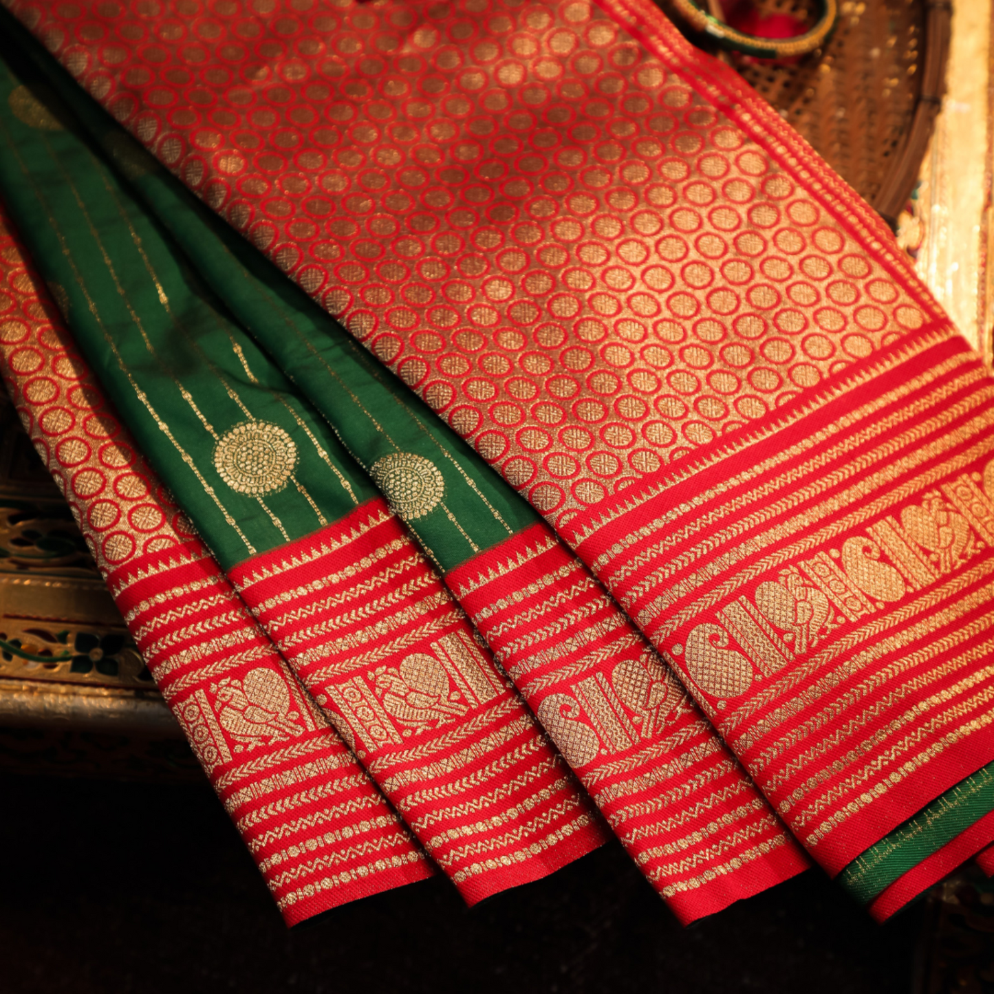Luxurious red Katan Silk Saree with golden border
