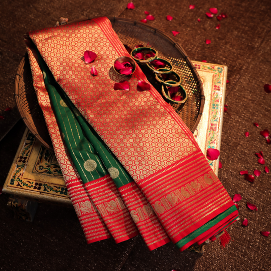 Luxurious red Katan Silk Saree with golden border