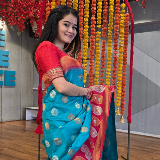 Exquisite Soft Silk Saree with Copper Jari and Silver Jari Meenakari in red - Jagmohini