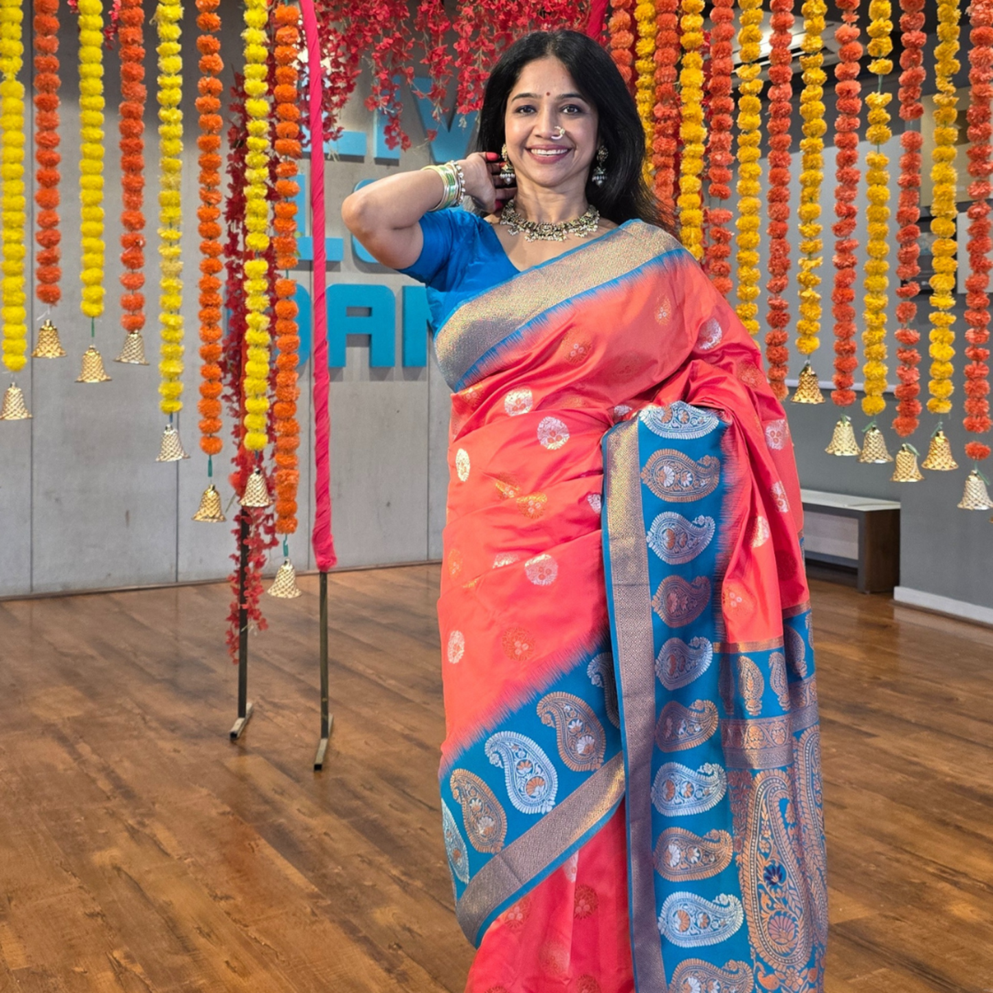 Exquisite Soft Silk Saree with Copper Jari and Silver Jari Meenakari in orange - Jagmohini