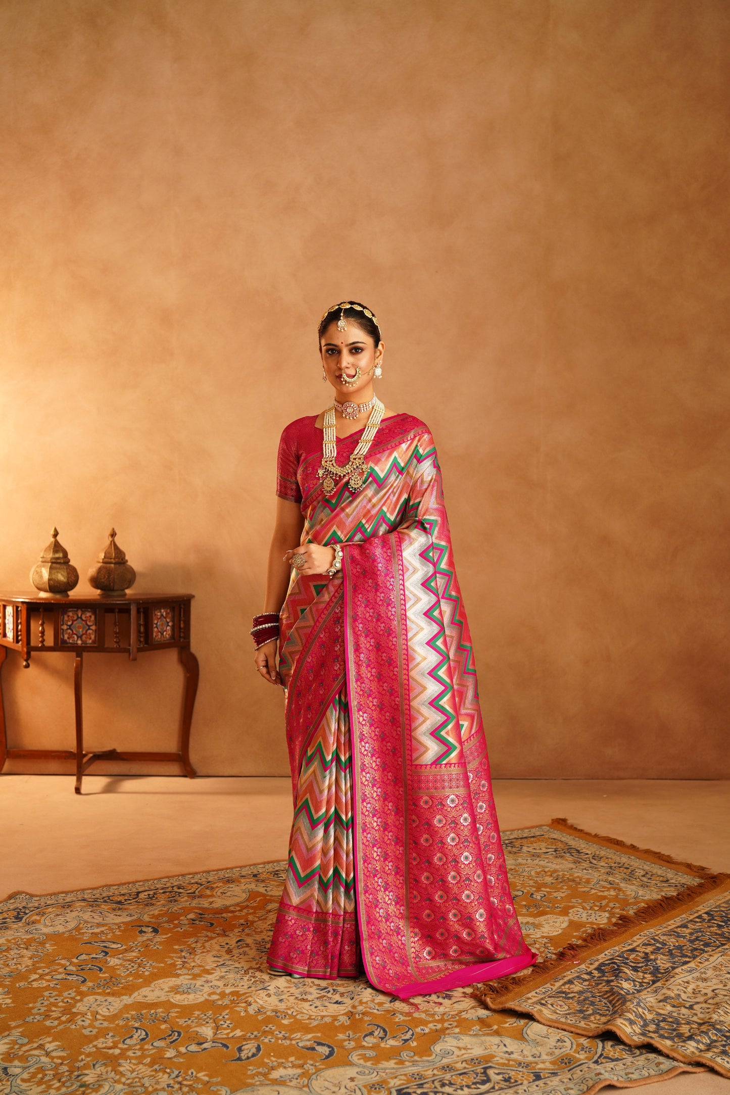 Bridal Dharmavaram silk saree with contrasting pallu and vibrant colors
