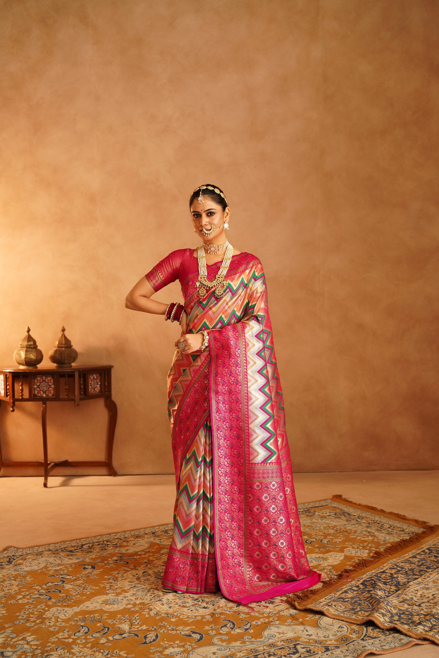 Bridal Dharmavaram silk saree with contrasting pallu and vibrant colors