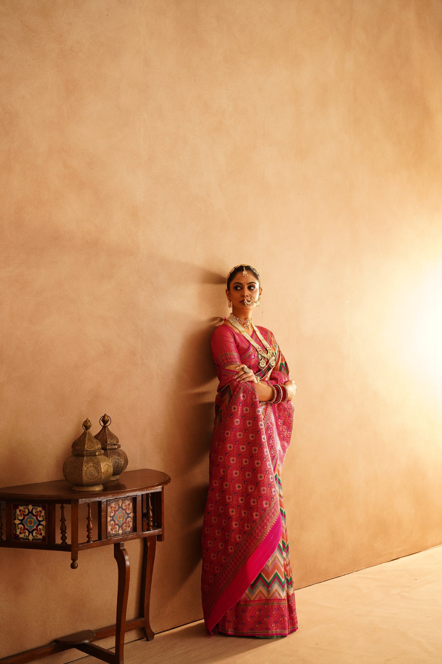 Bridal Dharmavaram silk saree with contrasting pallu and vibrant colors