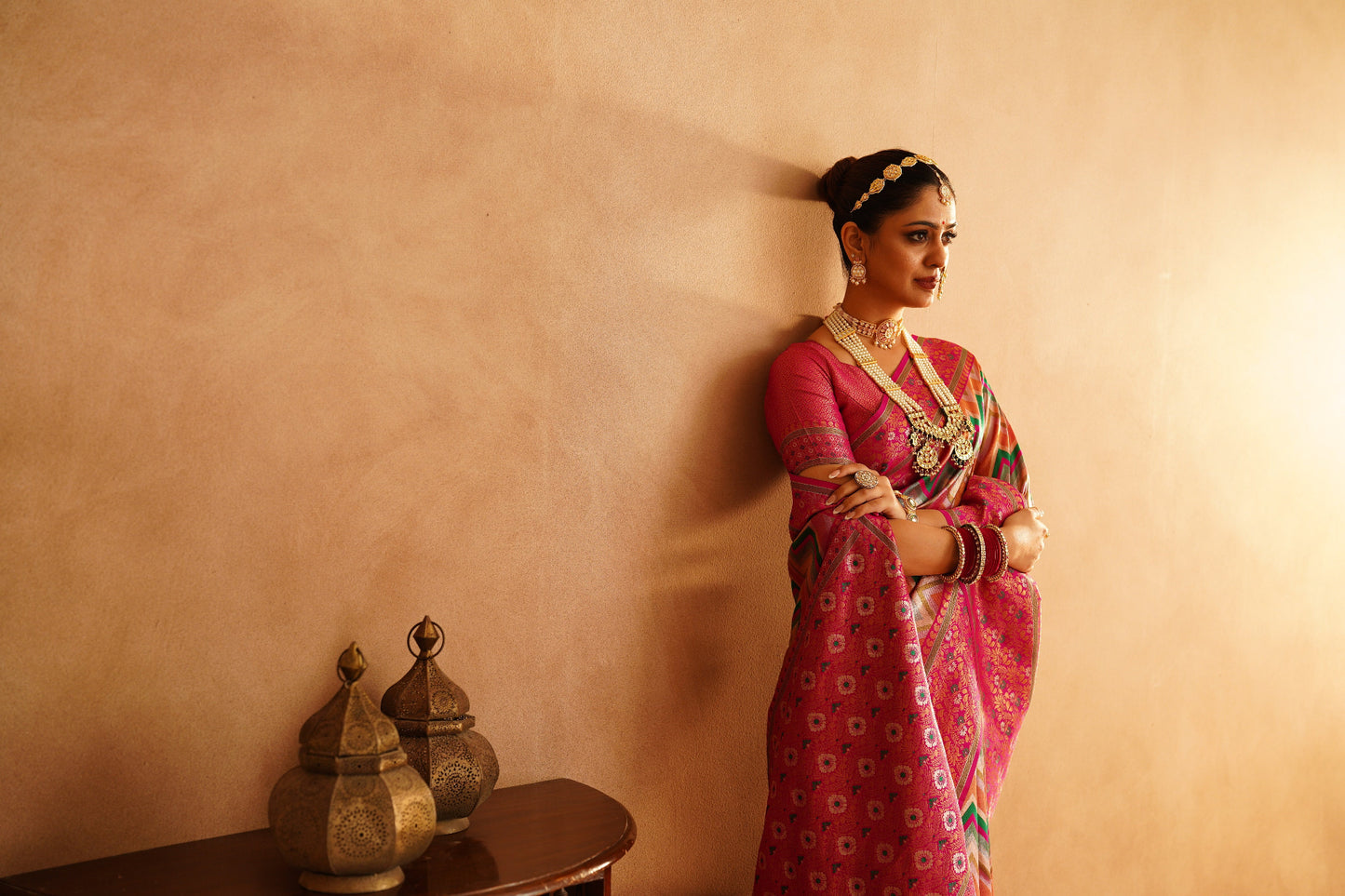 Bridal Dharmavaram silk saree with contrasting pallu and vibrant colors