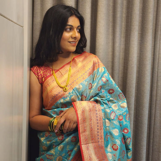 Handcrafted Sea Blue Soft Silk Sarees with Royal Silver Jari Weaving - Jagmohini