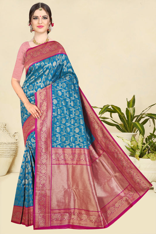 Silk Saree with distinctive design Pallu (Cerulean Blue)