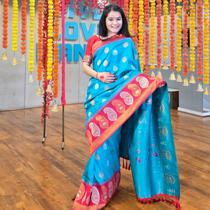 Exquisite Soft Silk Saree with Copper Jari and Silver Jari Meenakari in red - Jagmohini
