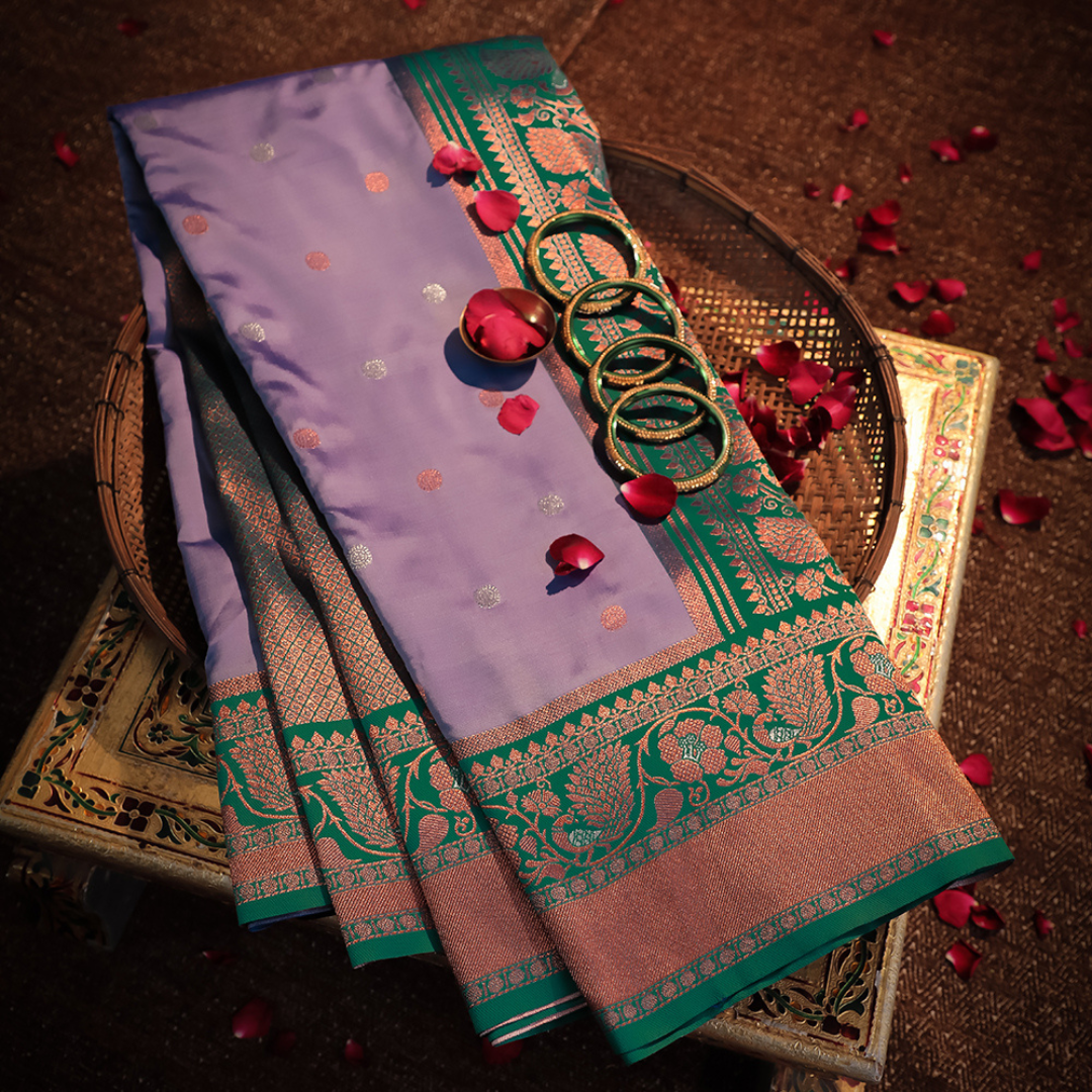Katan Silk Saree with Silver and Copper Jari Meenakari - Jagmohini