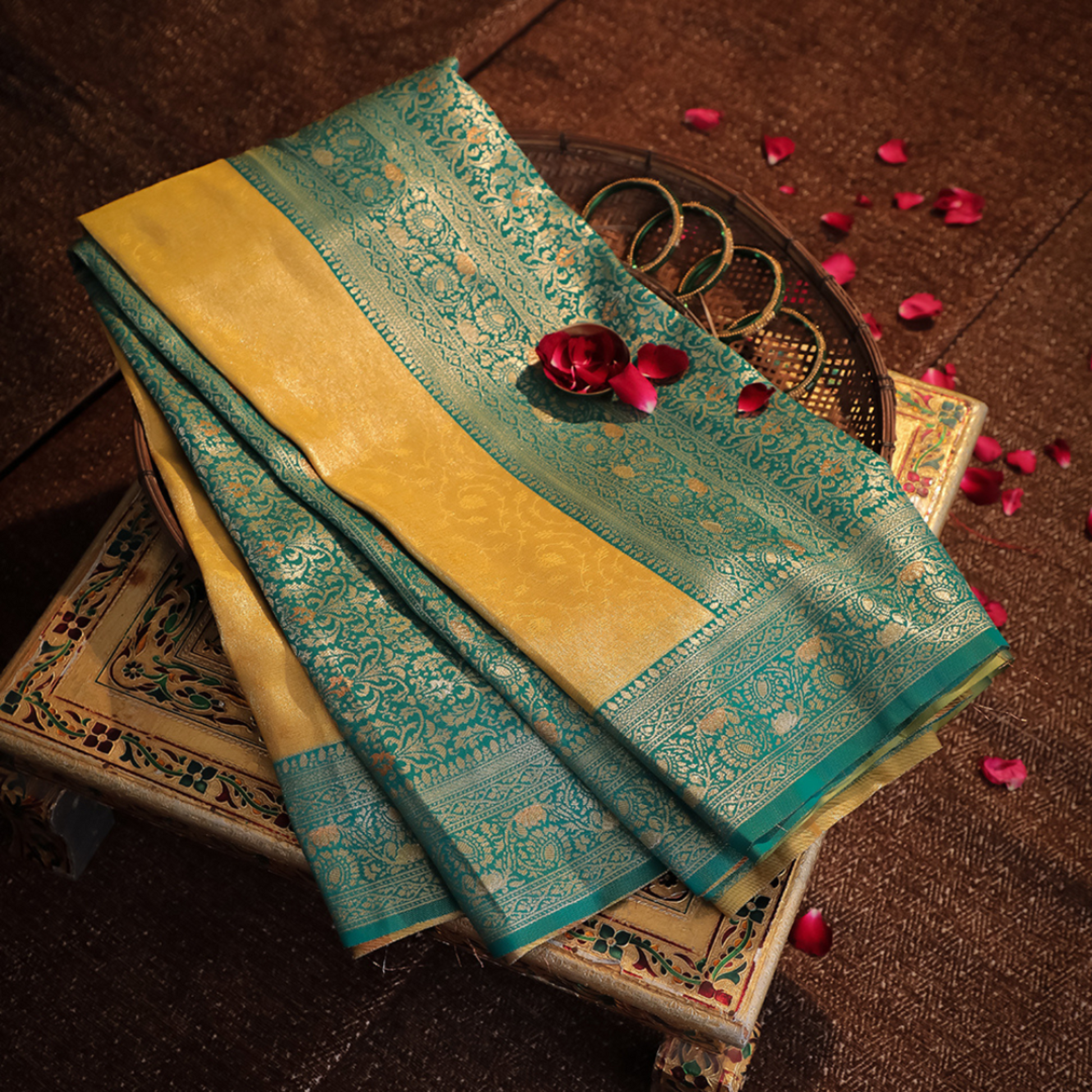 Designer Katan Silk Saree in rich silk fabric and traditional motifs

