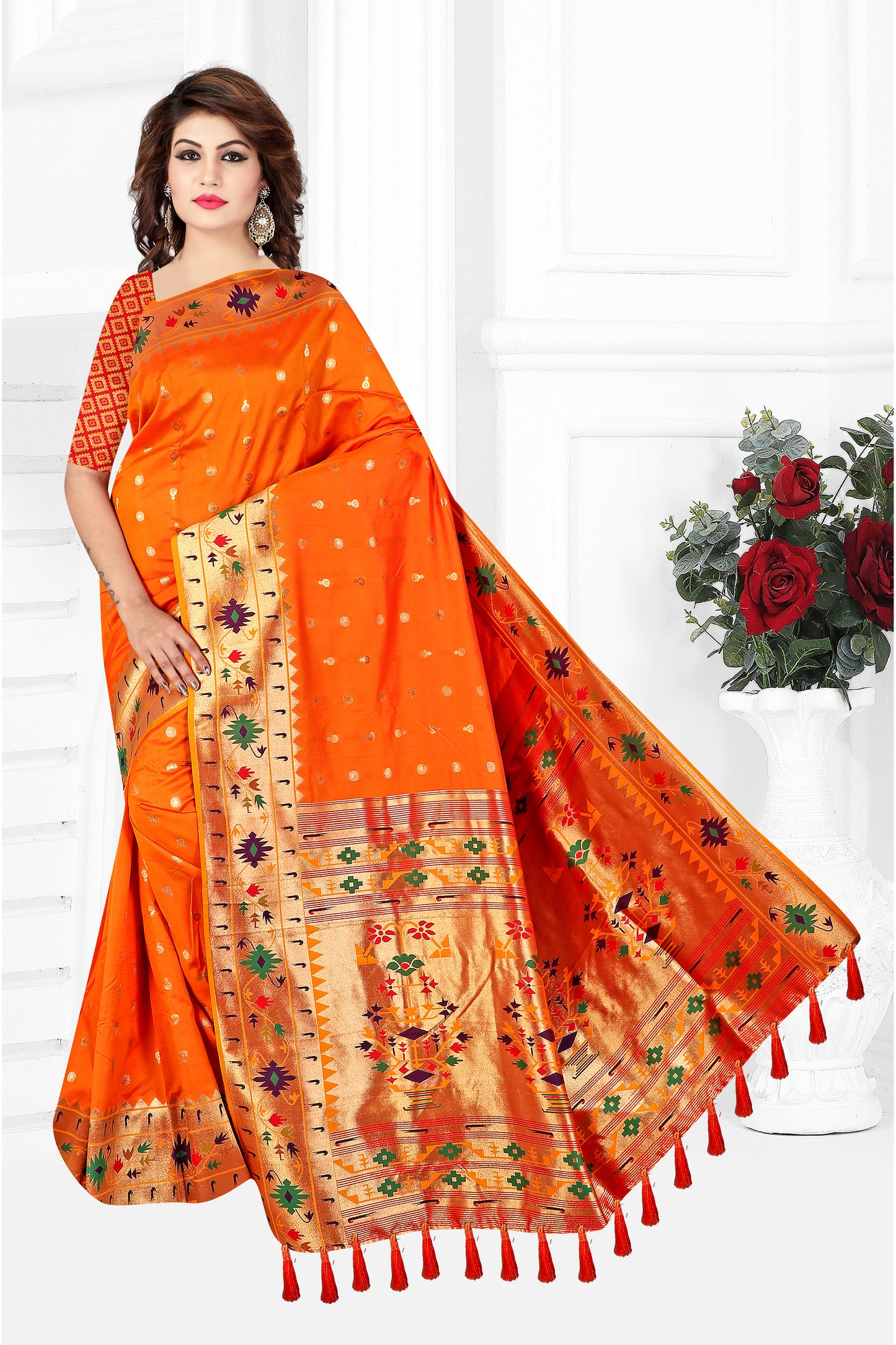 Ethnic Elegance Paithani Silk Saree (Orange)