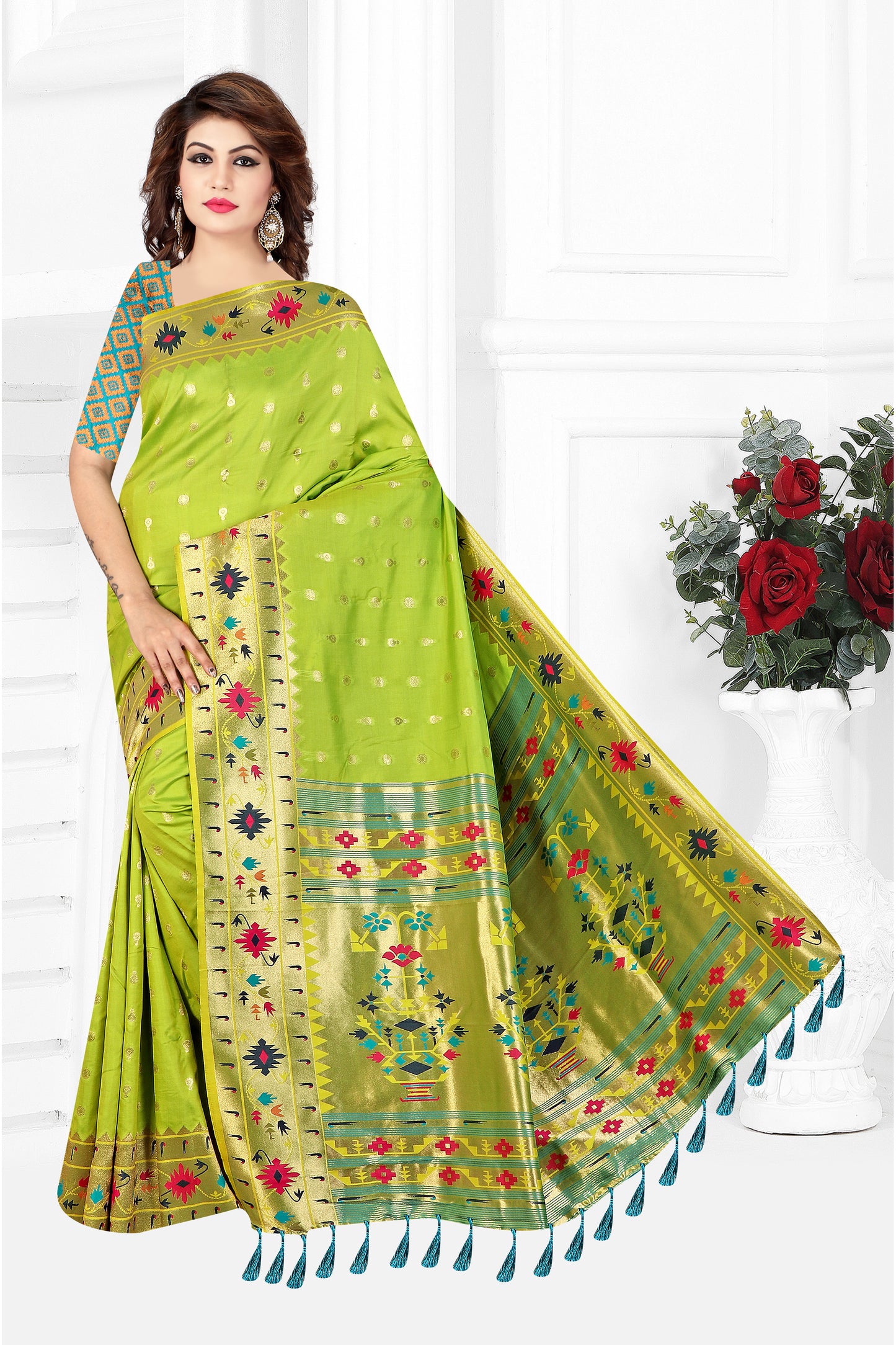 Ethnic Elegance Paithani Silk Saree (Lime Green)