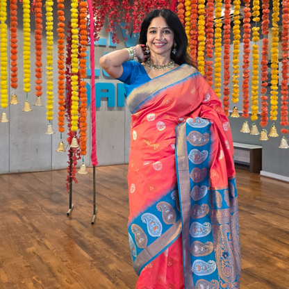 Exquisite Soft Silk Saree with Copper Jari and Silver Jari Meenakari in orange - Jagmohini