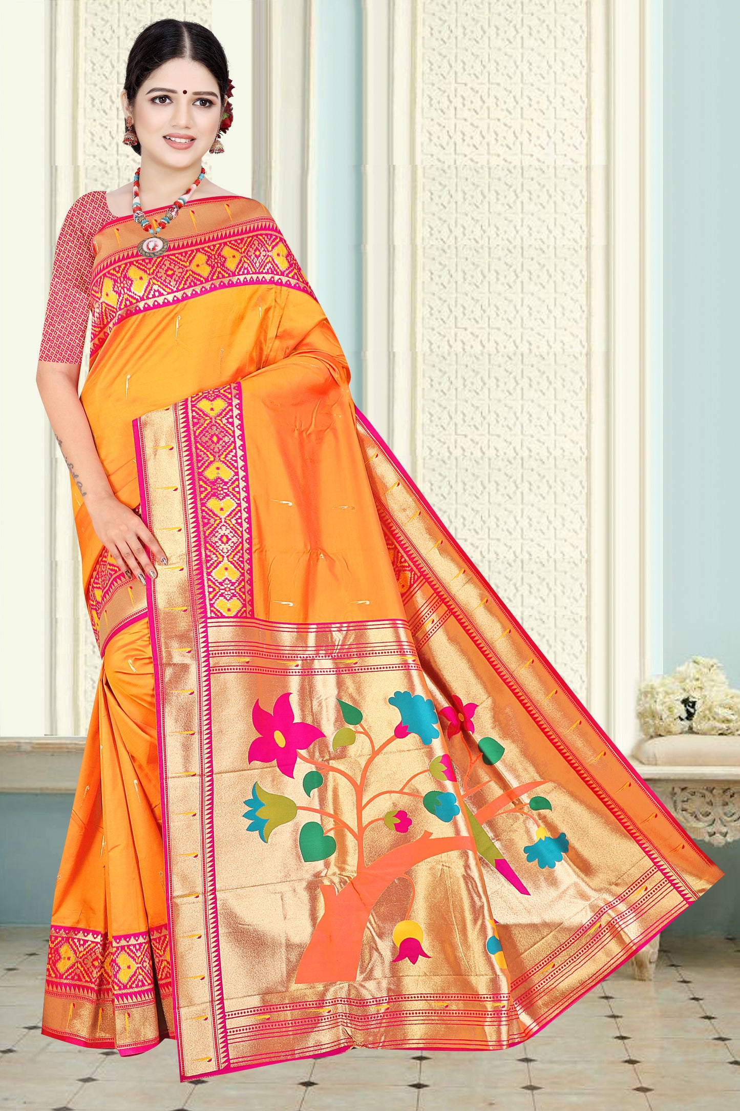 Ethnic Elegance Paithani Silk Saree with Heritage Hues Design (Orange)