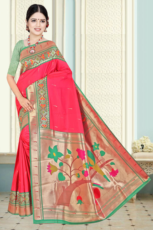 Ethnic Elegance Paithani Silk Saree with Heritage Hues Design (Pink)