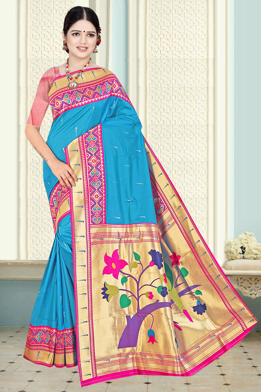 Ethnic Elegance Paithani Silk Saree with Heritage Hues Design (Blue)