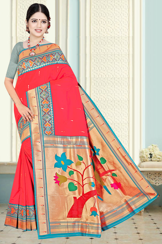 Ethnic Elegance Paithani Silk Saree with Heritage Hues Design (Red)