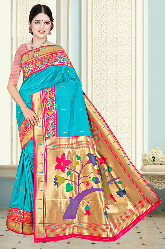 Ethnic Elegance Paithani Silk Saree with Heritage Hues Design (Tiffney Blue)