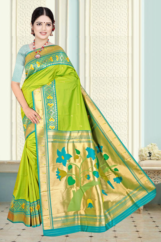 Ethnic Elegance Paithani Silk Saree with Heritage Hues Design (Lime Green)