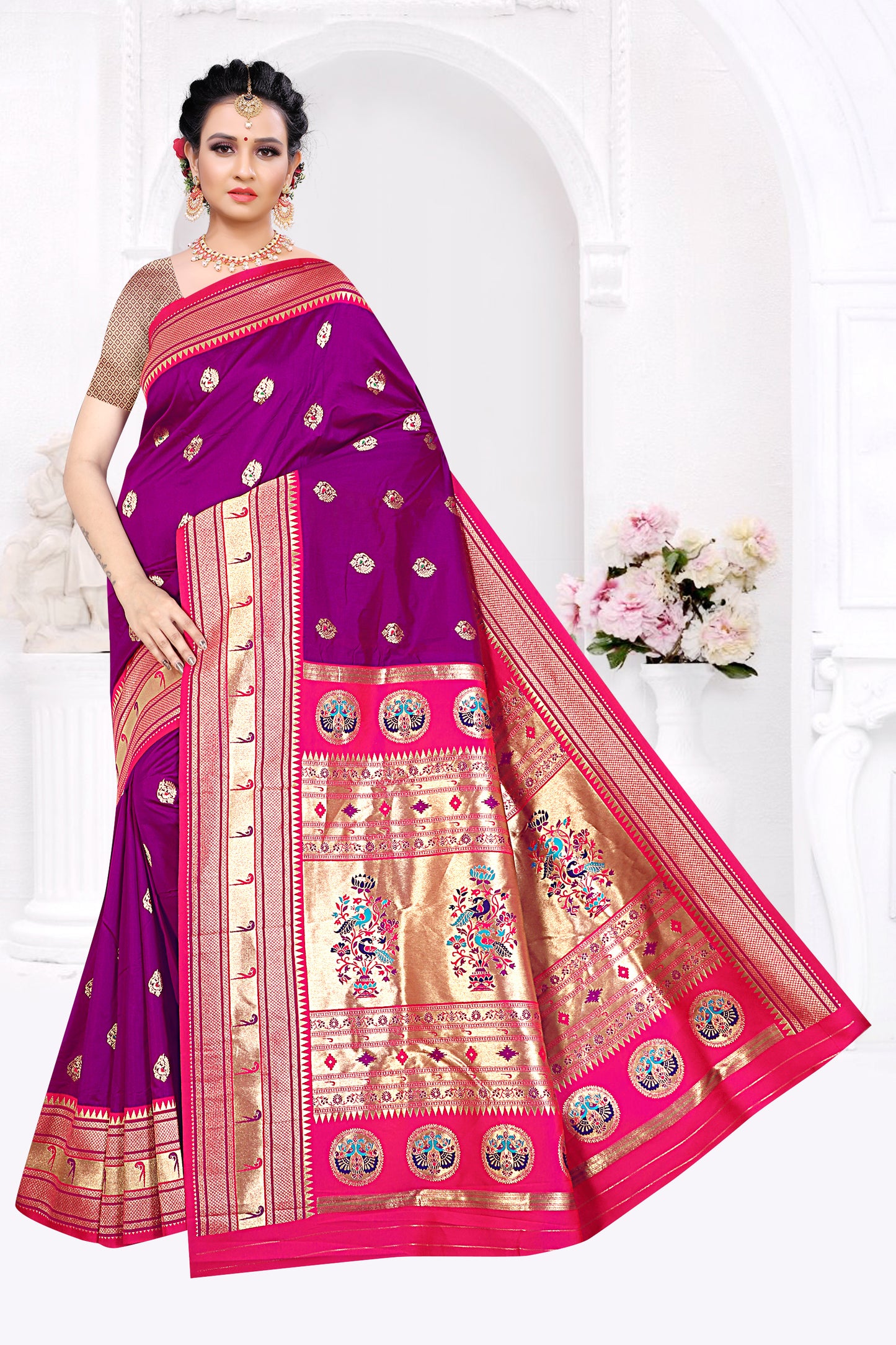 Paithani Silk Saree with Heritage Hues Design (Purple)