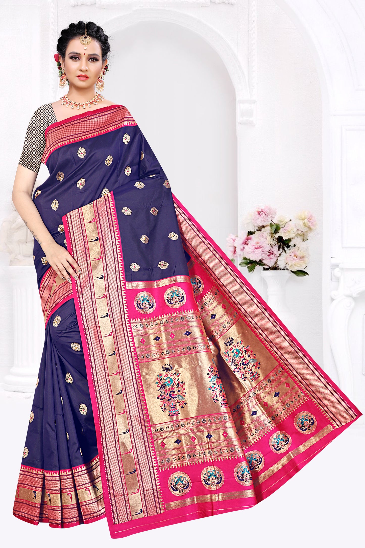 Paithani Silk Saree with Heritage Hues Design (Dark Purple)