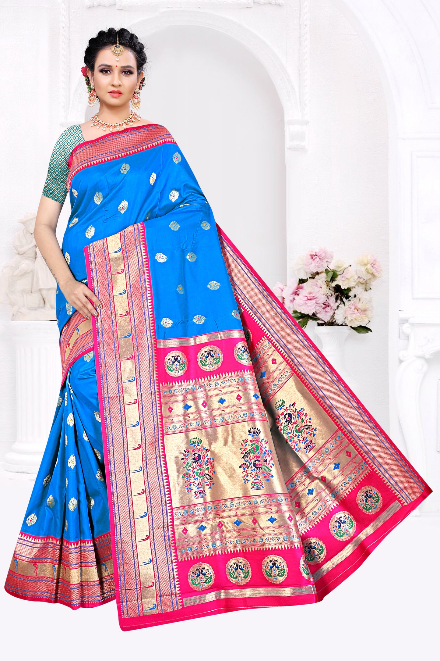 Paithani Silk Saree with Heritage Hues Design (Blue)