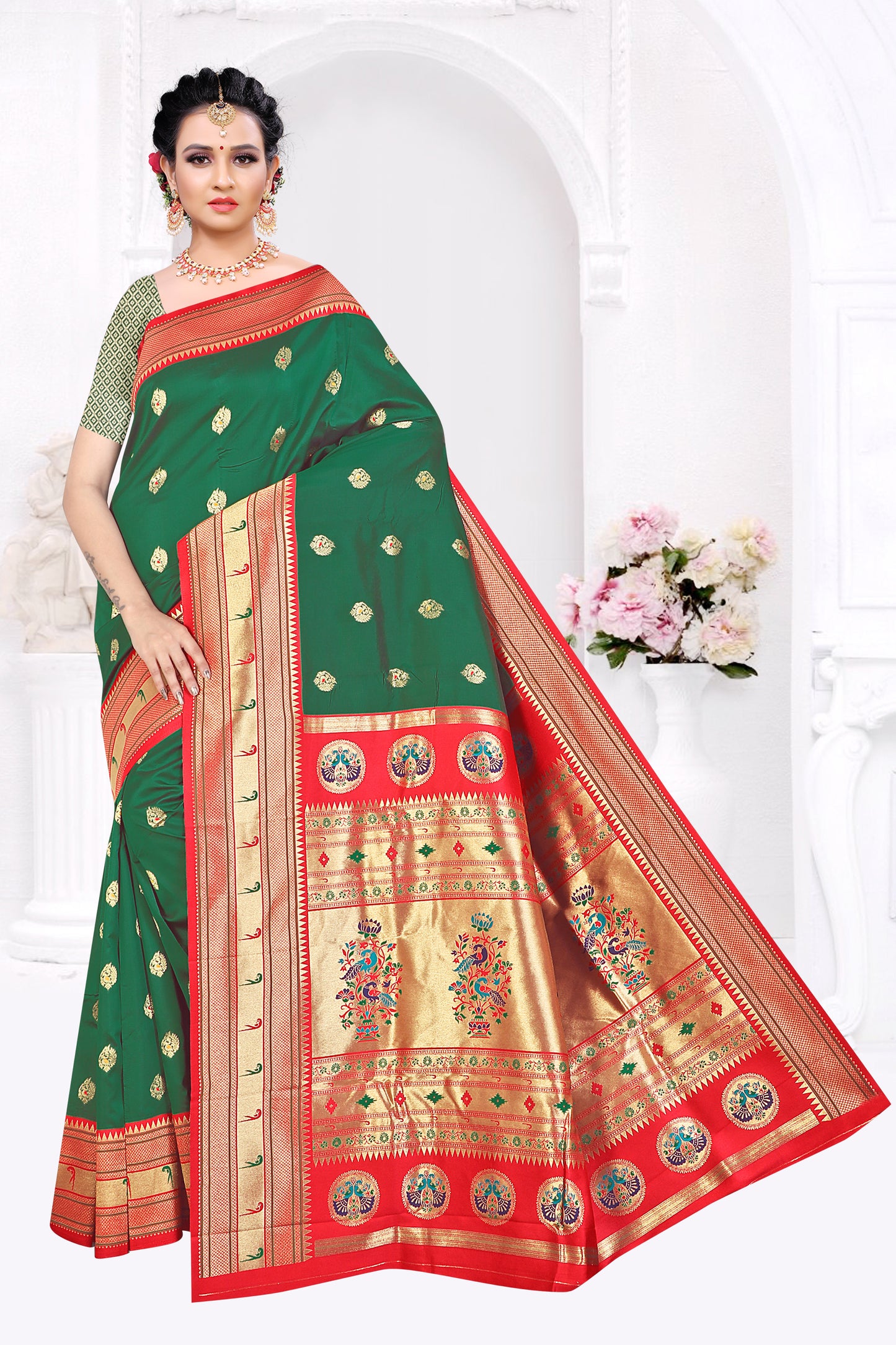 Paithani Silk Saree with Heritage Hues Design (Green)