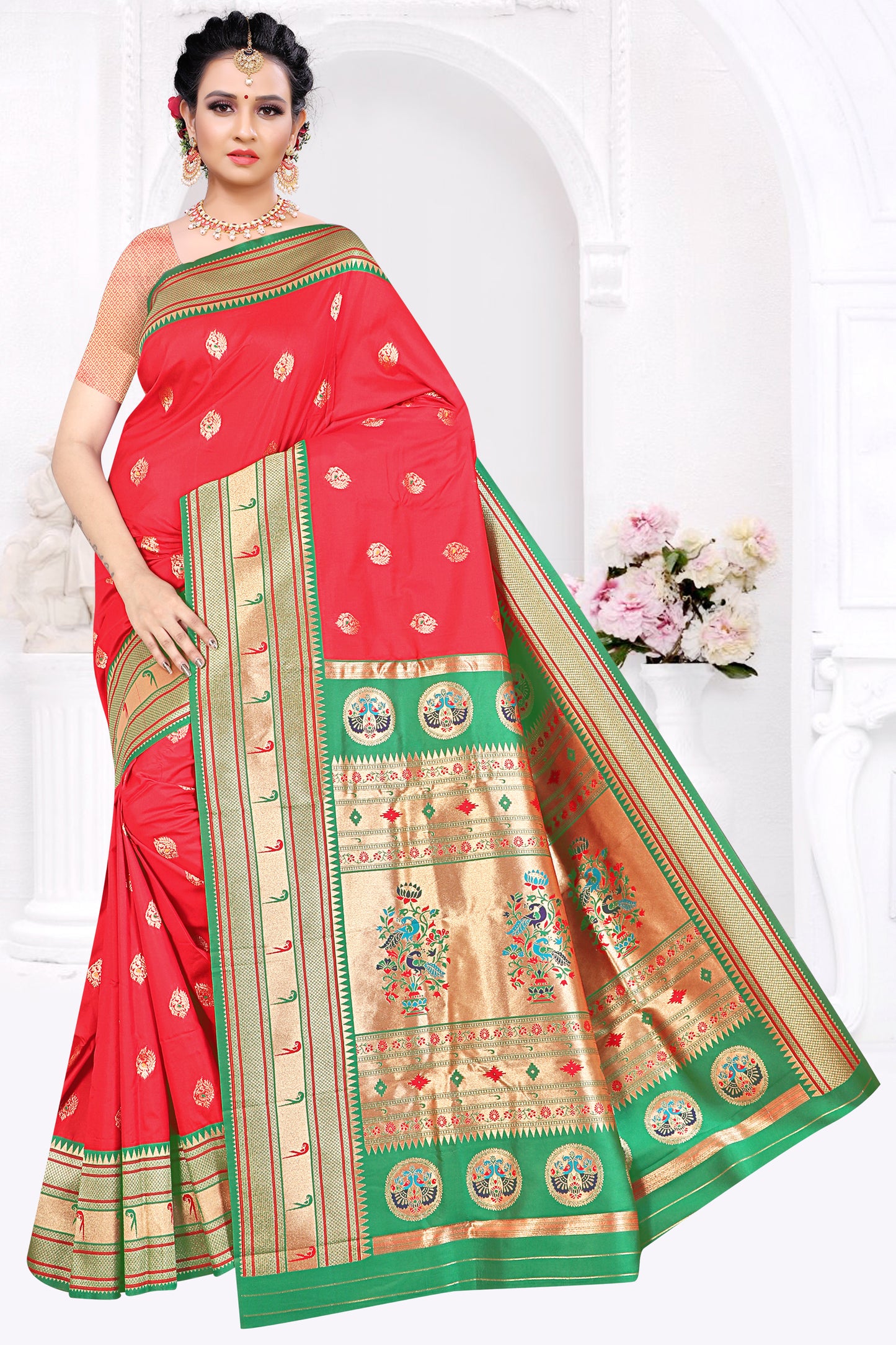 Paithani Silk Saree with Heritage Hues Design (Red)