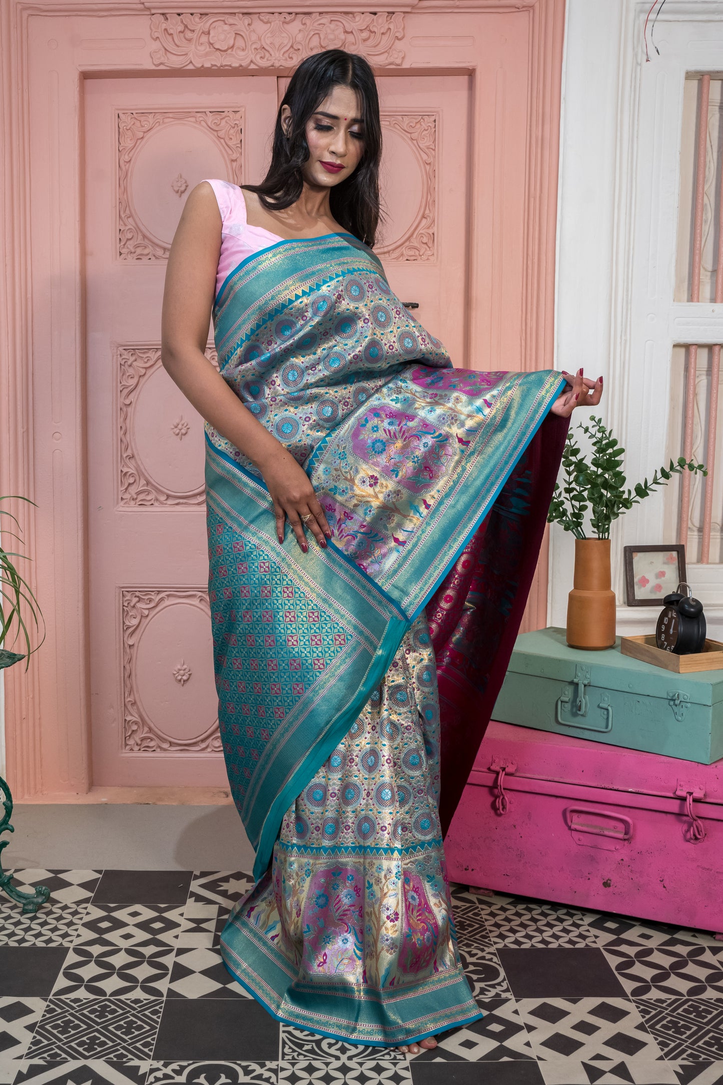 Blue Pure Dharmavaram Kanchipuram Silk With Blouse Piece