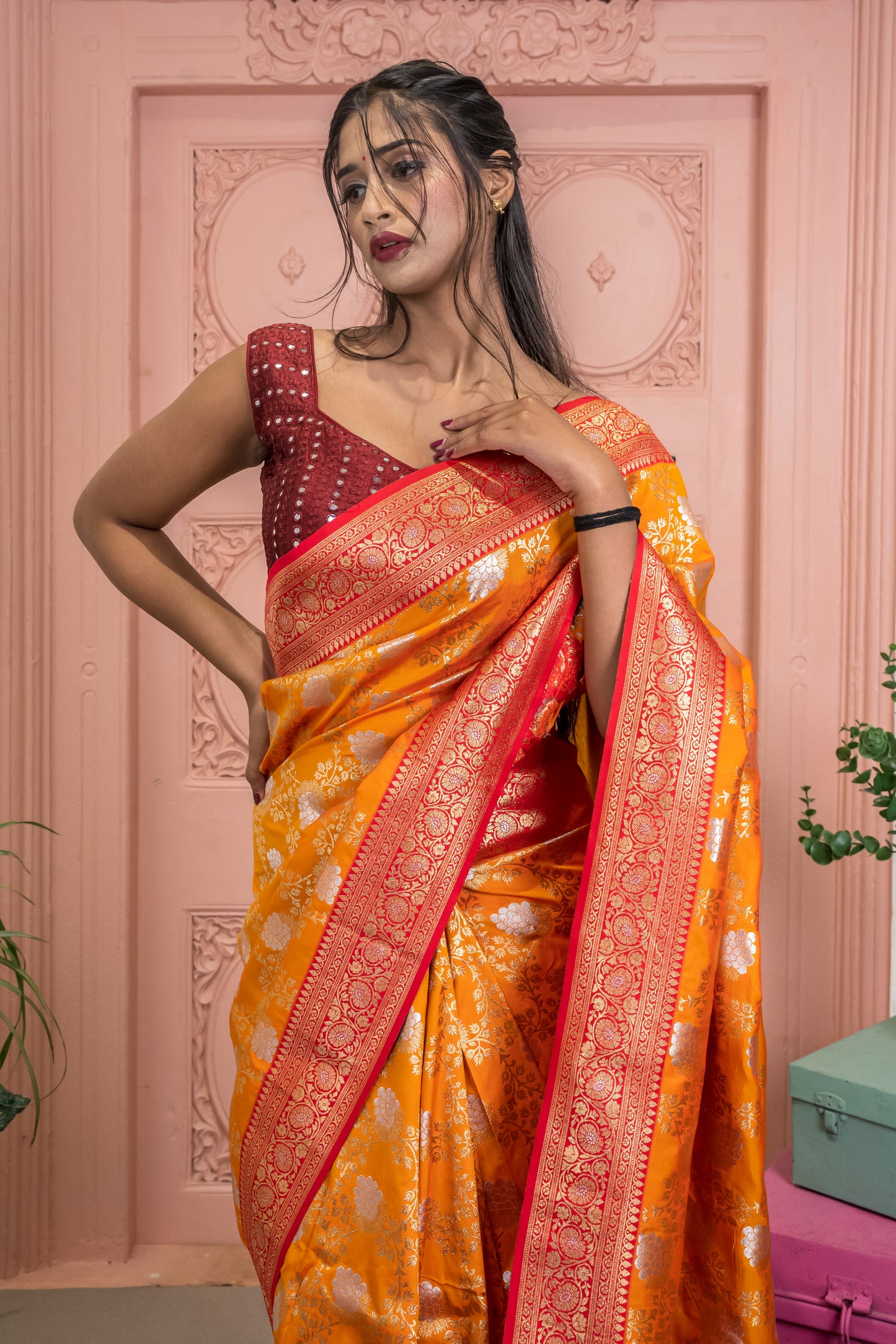 Banarasi Silk Saree with Floral Zari Design and Contrast Border (Orange)