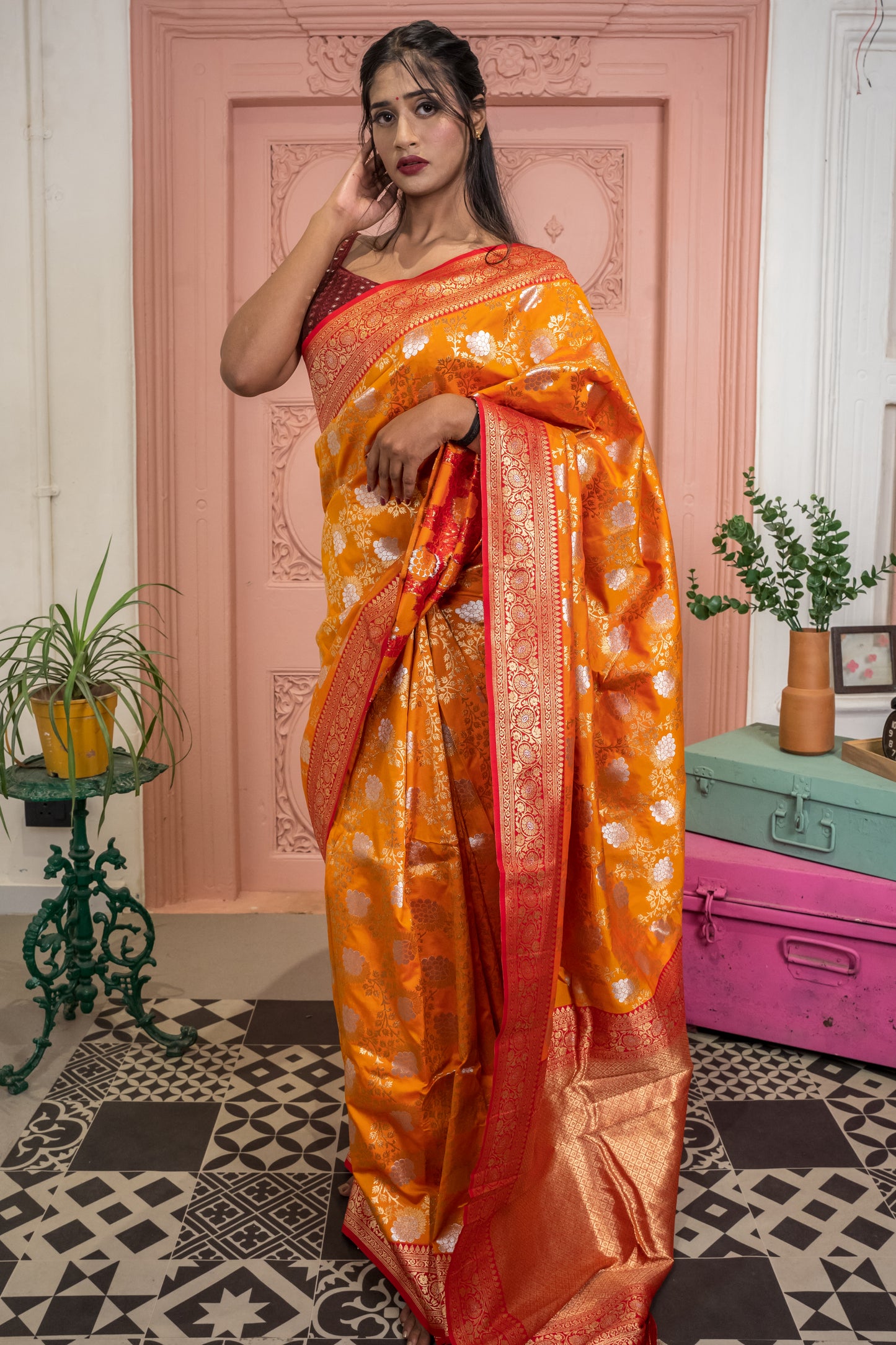 Banarasi Silk Saree with Floral Zari Design and Contrast Border (Orange)