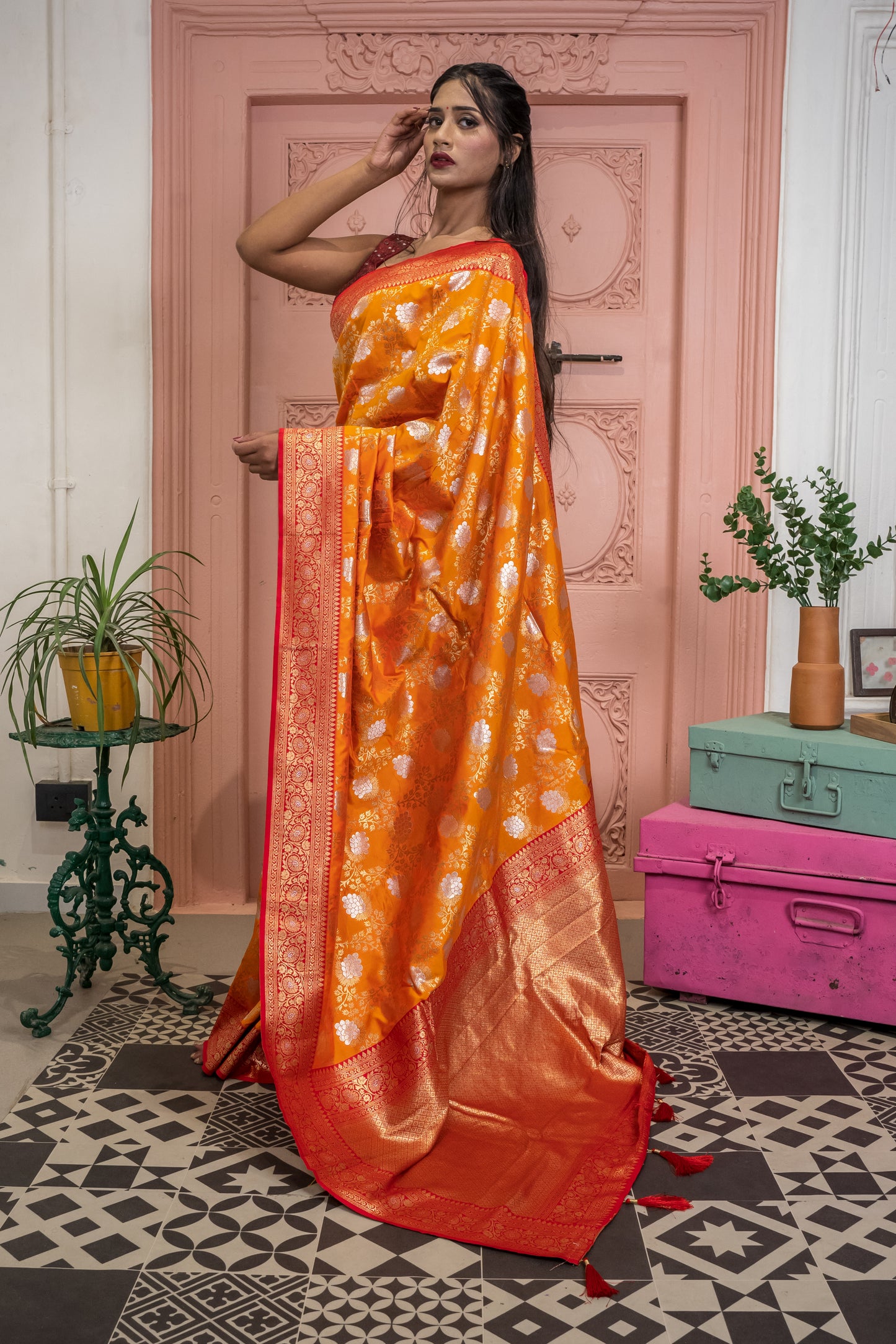 Banarasi Silk Saree with Floral Zari Design and Contrast Border (Orange)