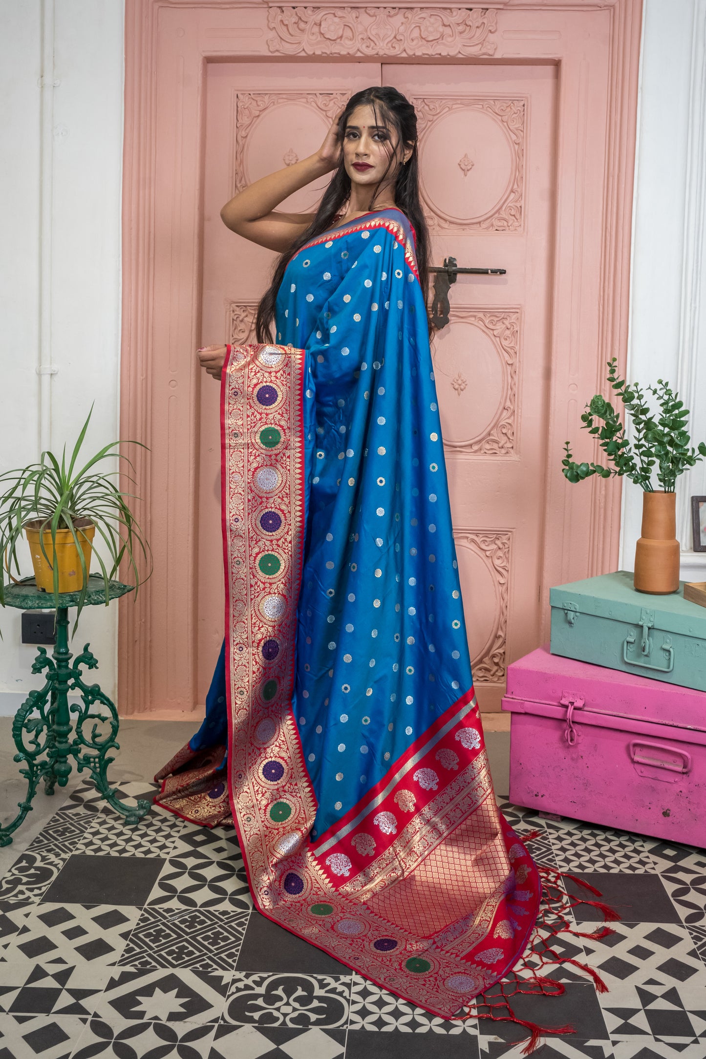 Banarasi Silk Saree with Circular Zari Motifs & Ethnic Border Design (Blue)