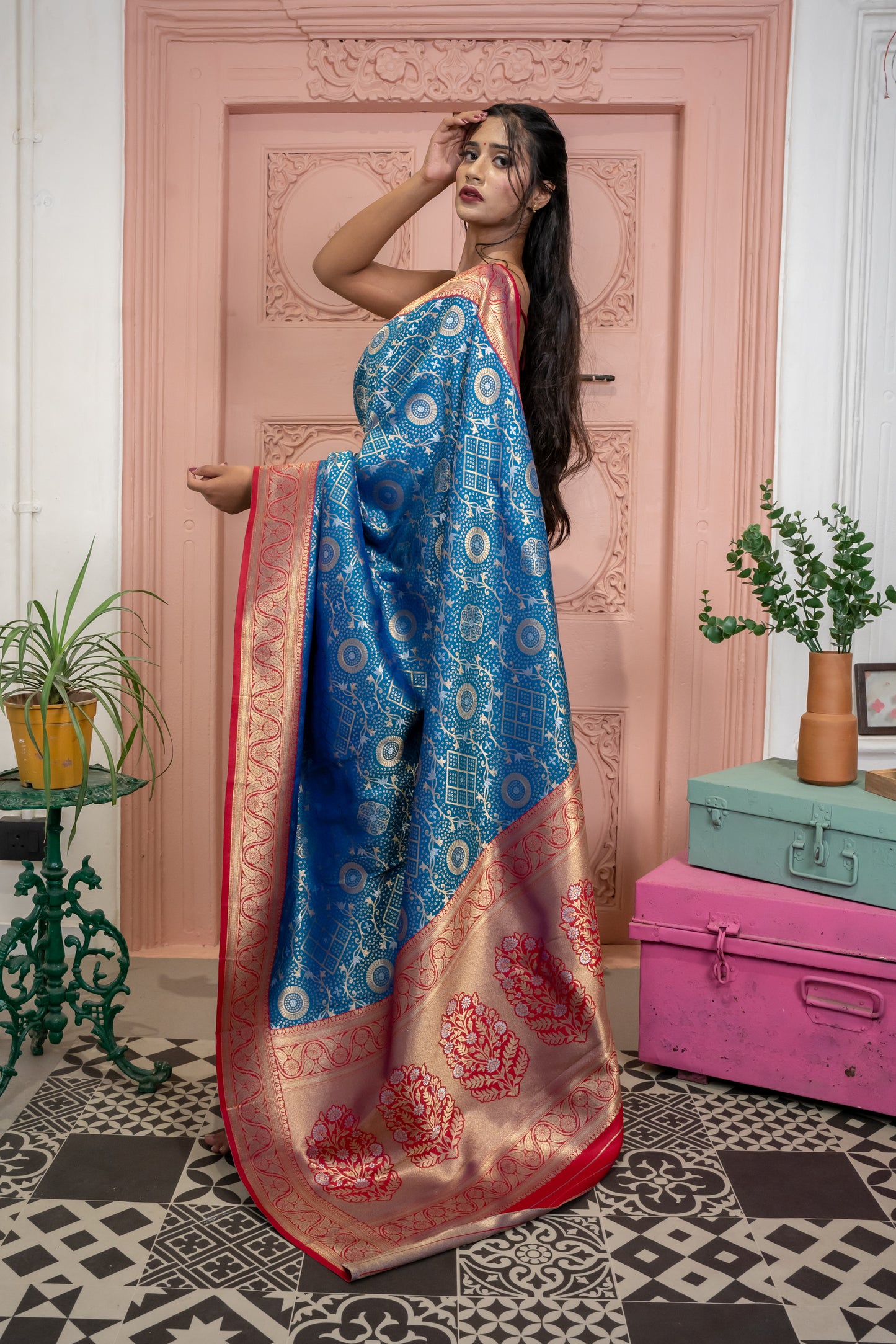 Paithani Silk Saree with Contrast Border & Sirowski Work