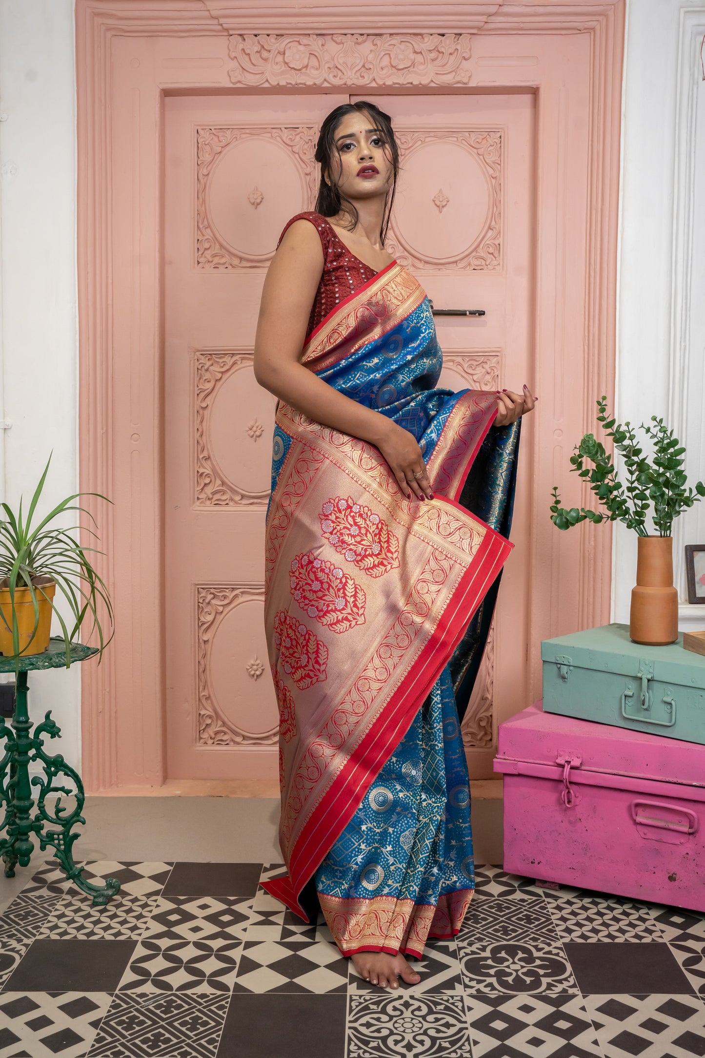 Paithani Silk Saree with Contrast Border & Sirowski Work