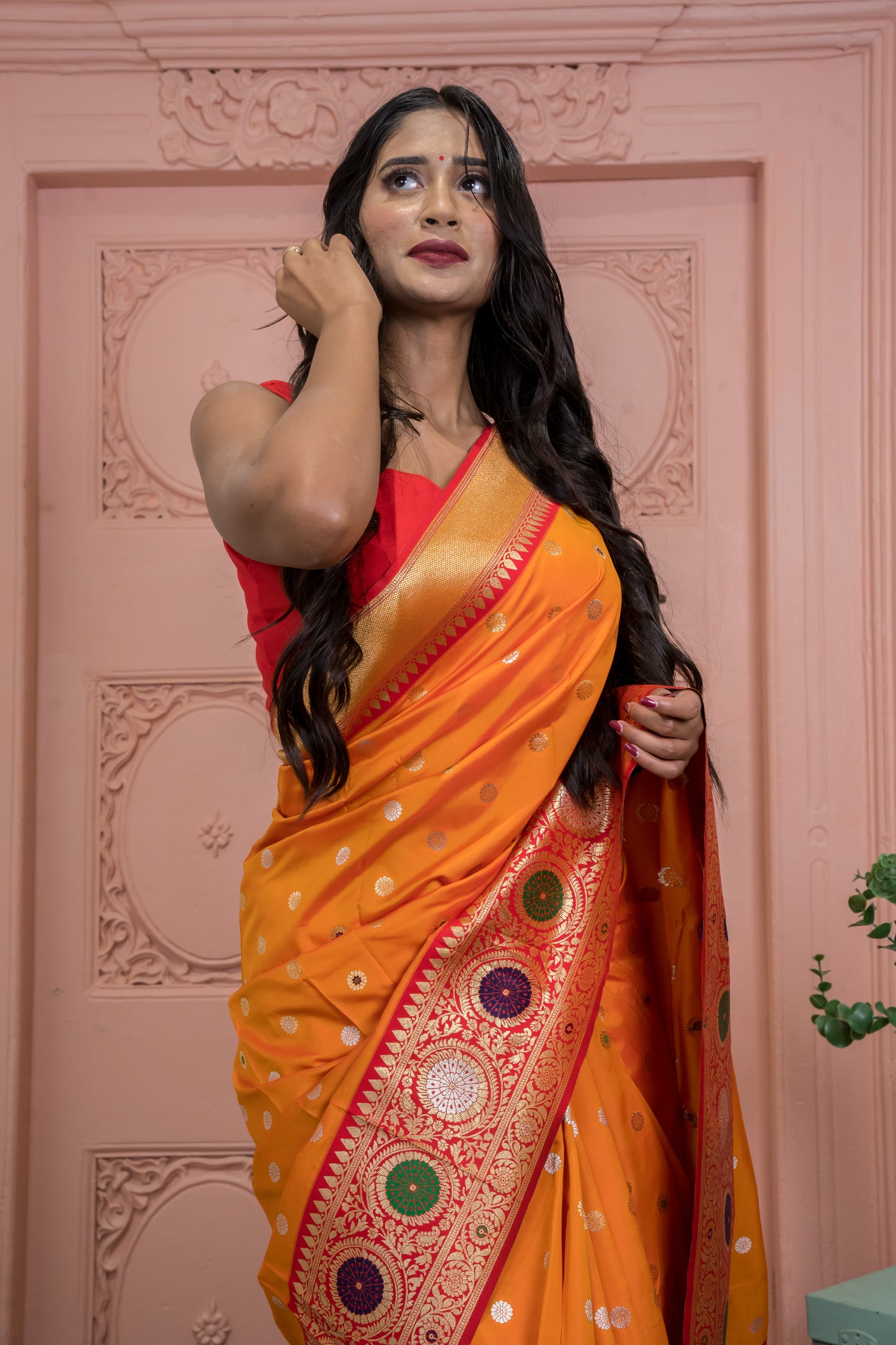 Banarasi Silk Saree with Circular Zari Motifs & Ethnic Border Design (Orange)