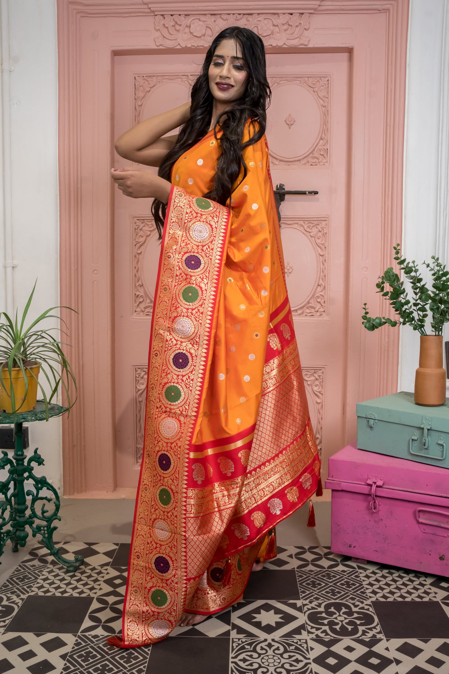 Banarasi Silk Saree with Circular Zari Motifs & Ethnic Border Design (Orange)