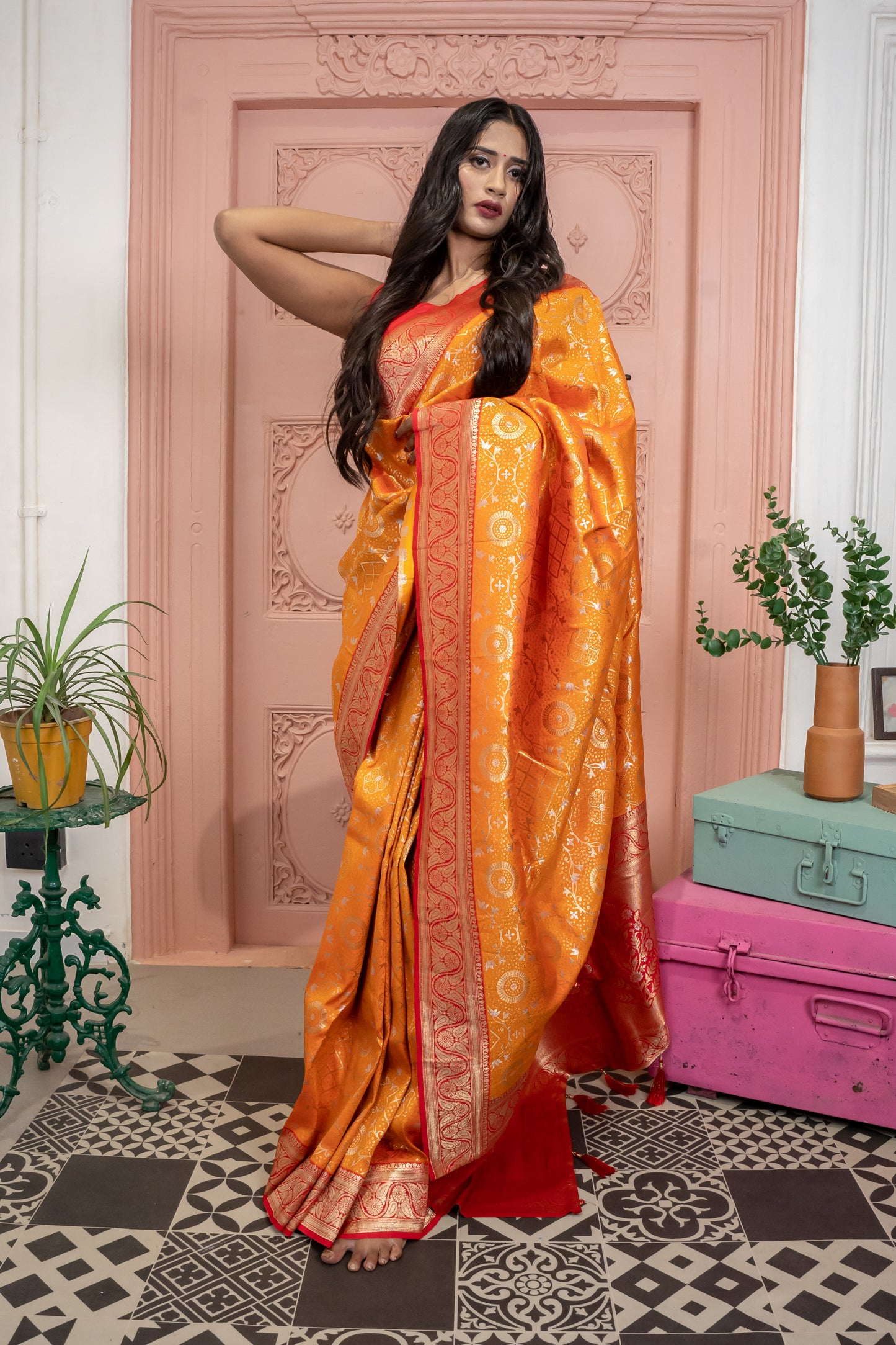 Banarasi Silk Saree with Circular Zari Motifs and Elegant Contrast Border (Orange)