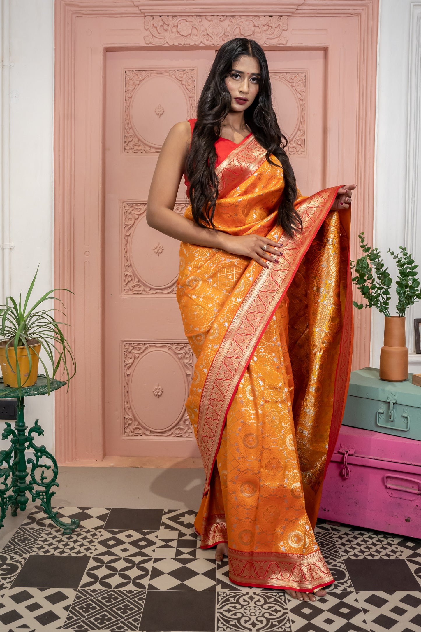 Banarasi Silk Saree with Circular Zari Motifs and Elegant Contrast Border (Orange)