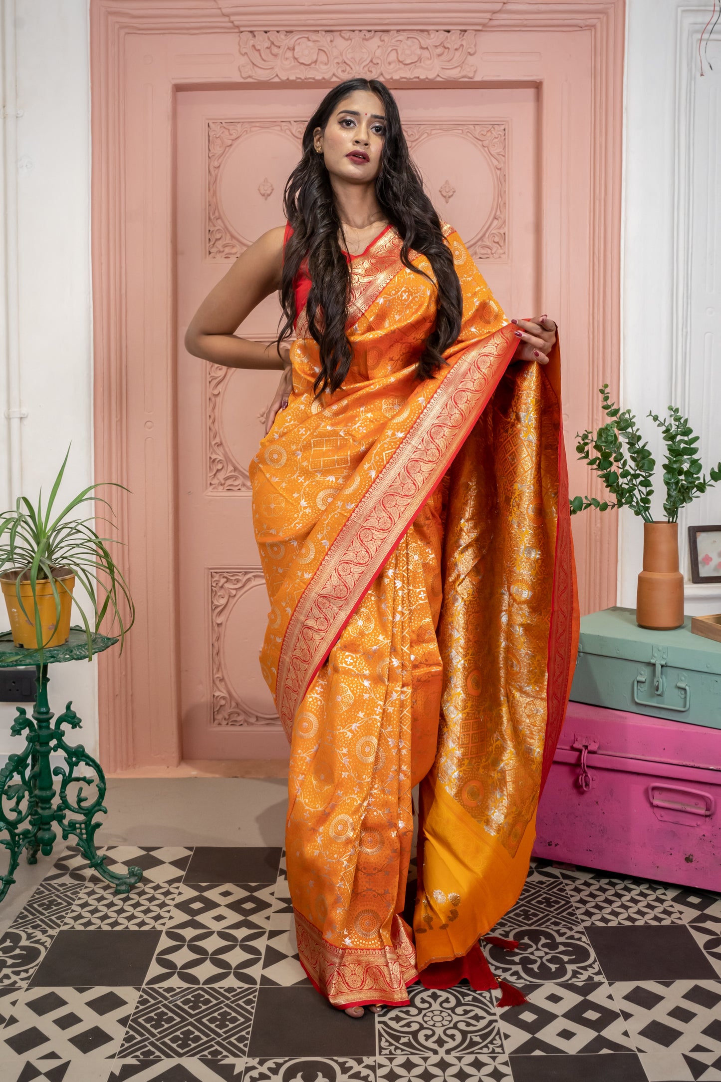 Banarasi Silk Saree with Circular Zari Motifs and Elegant Contrast Border (Orange)