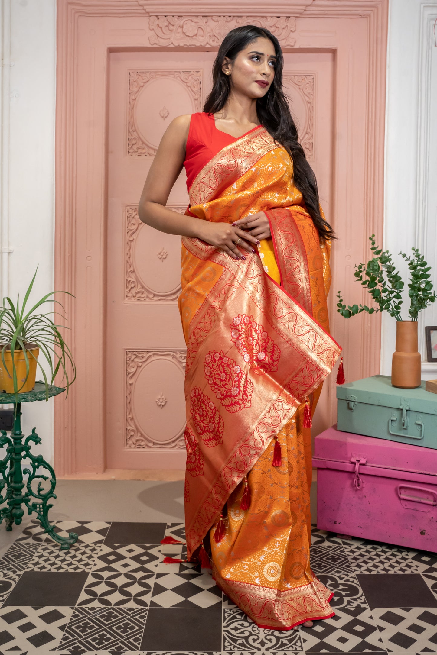 Banarasi Silk Saree with Circular Zari Motifs and Elegant Contrast Border (Orange)