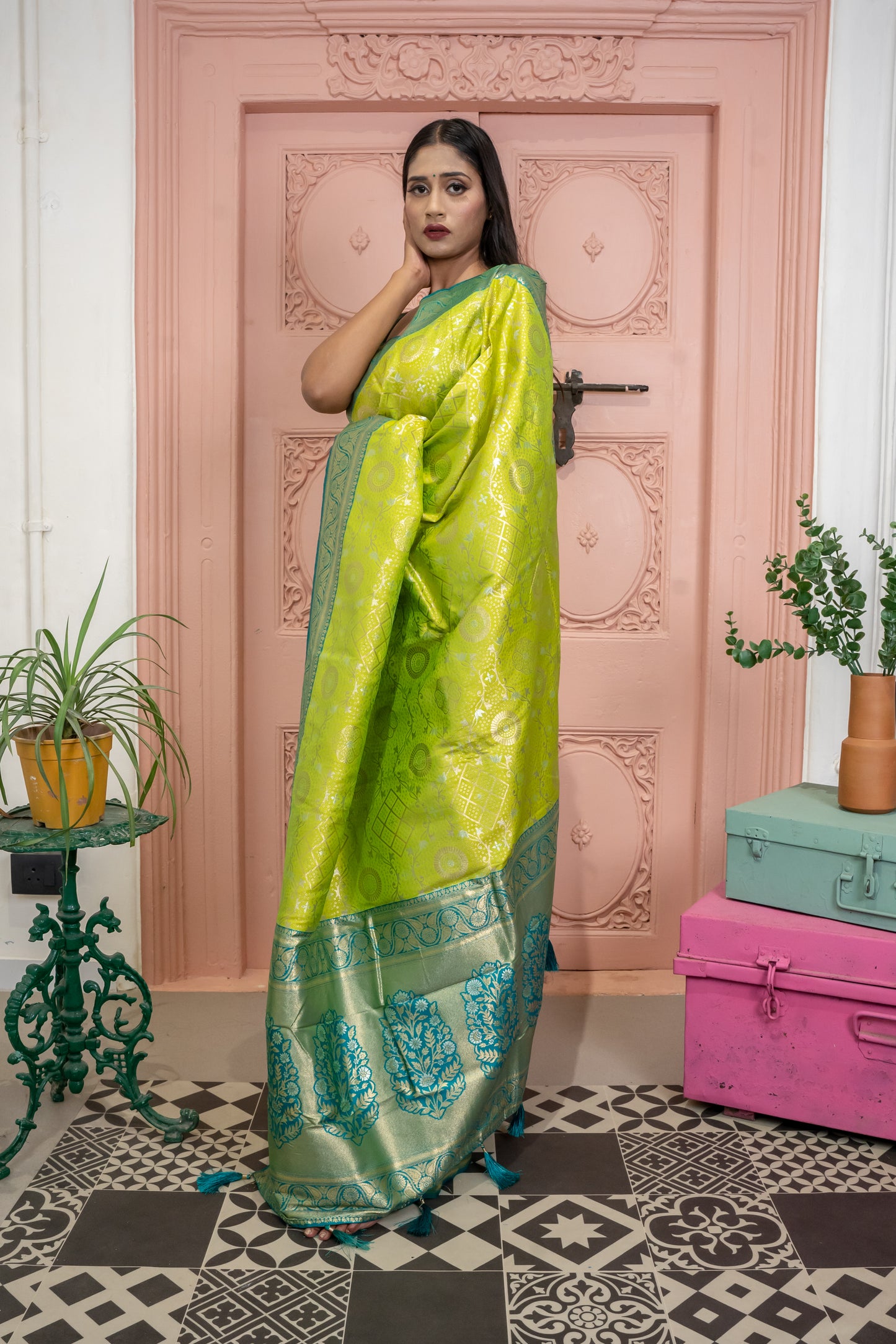 Banarasi Silk Saree with Circular Zari Motifs and Elegant Contrast Border (Lemon Green)