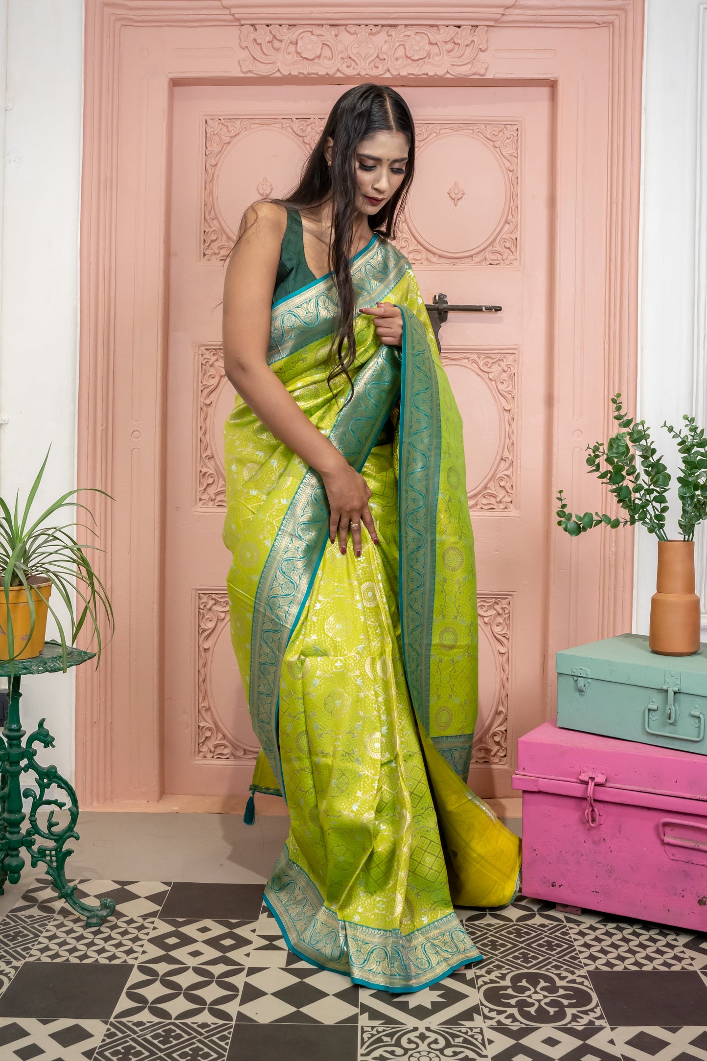 Banarasi Silk Saree with Circular Zari Motifs and Elegant Contrast Border (Lemon Green)