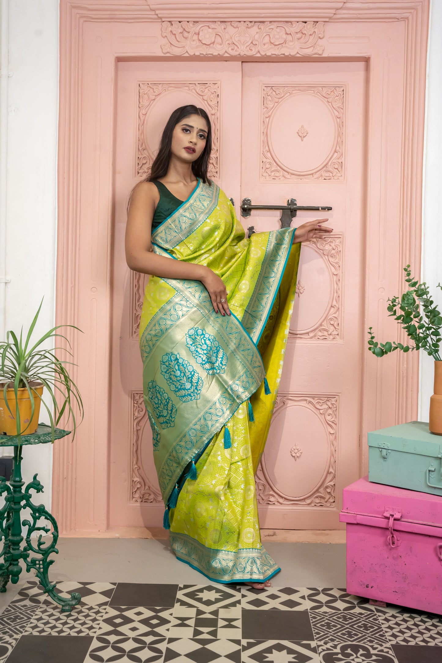 Banarasi Silk Saree with Circular Zari Motifs and Elegant Contrast Border (Lemon Green)