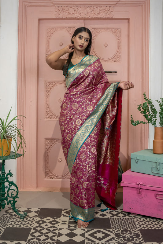 Banarasi Silk Saree with Circular Zari Motifs and Elegant Contrast Border (Purple)