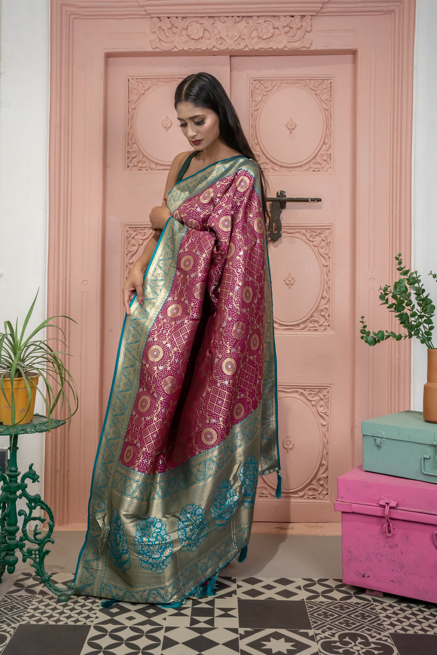 Banarasi Silk Saree with Circular Zari Motifs and Elegant Contrast Border (Purple)