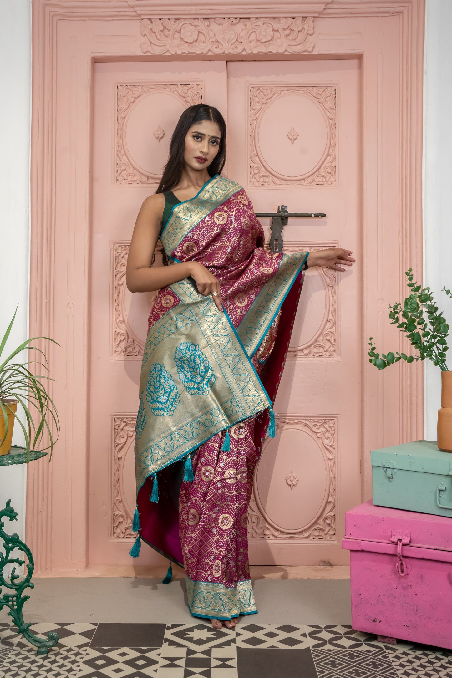 Banarasi Silk Saree with Circular Zari Motifs and Elegant Contrast Border (Purple)