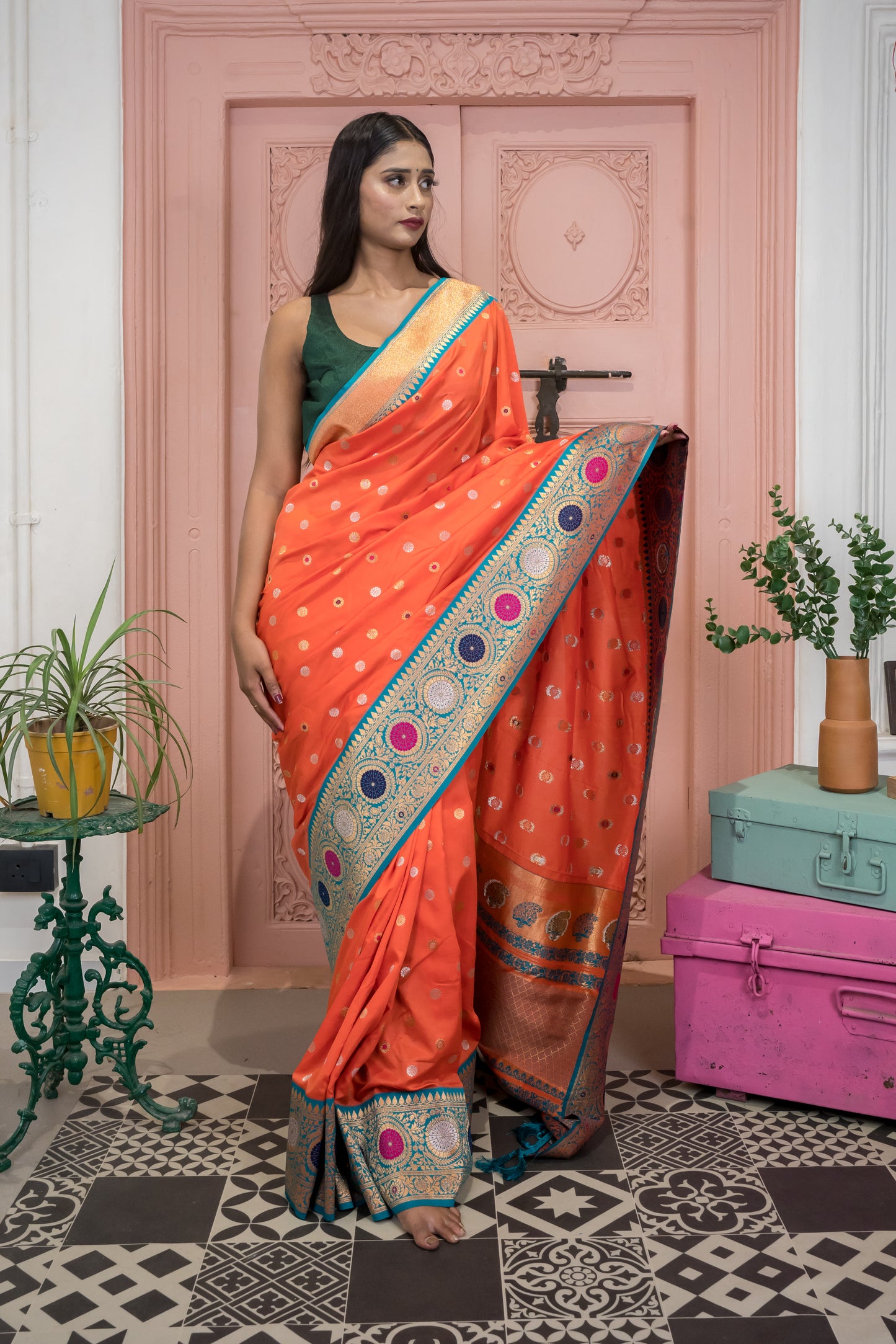 Banarasi Silk Saree with Circular Zari Motifs & Ethnic Border Design (Light Orange)