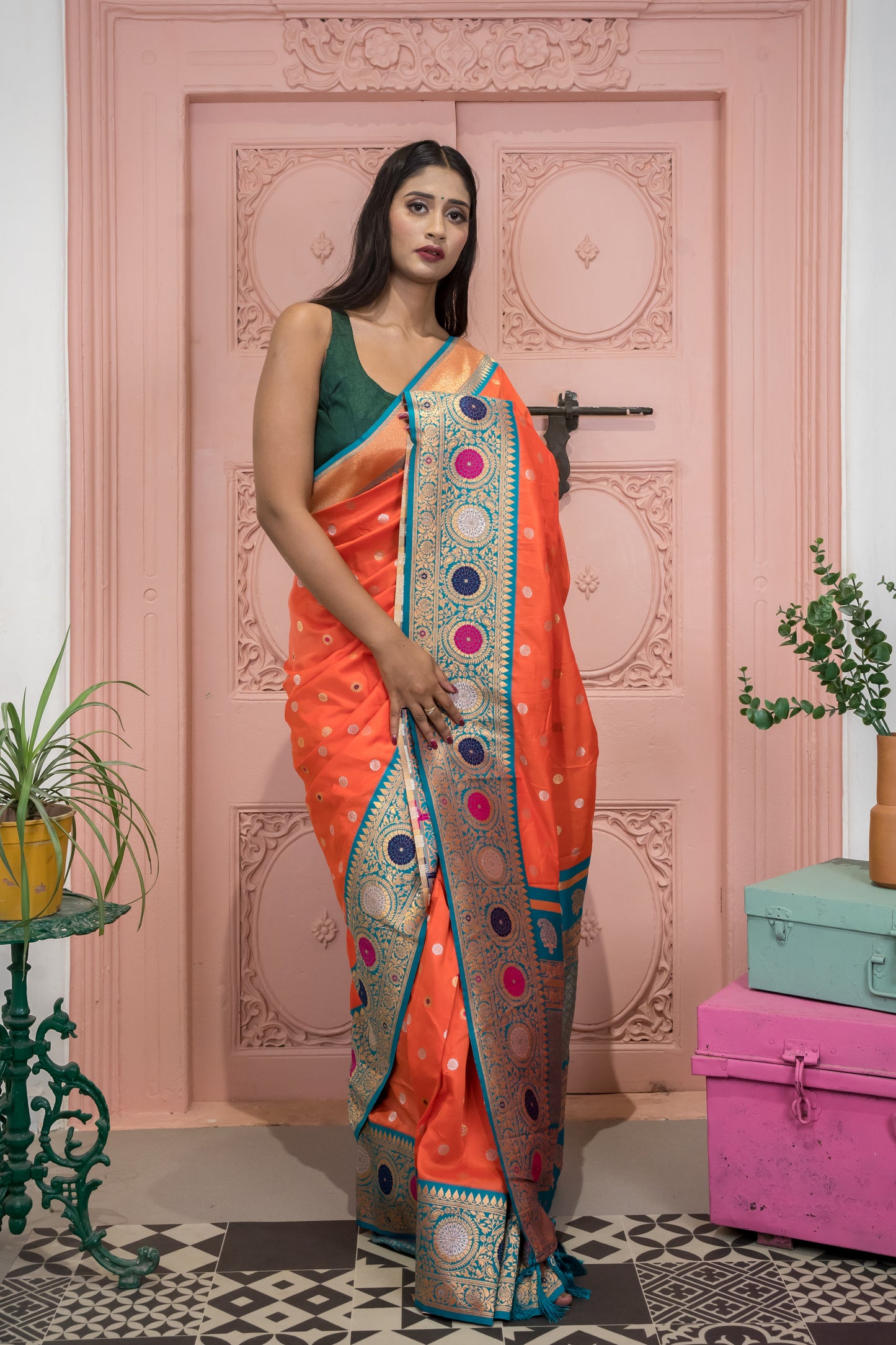 Banarasi Silk Saree with Circular Zari Motifs & Ethnic Border Design (Light Orange)