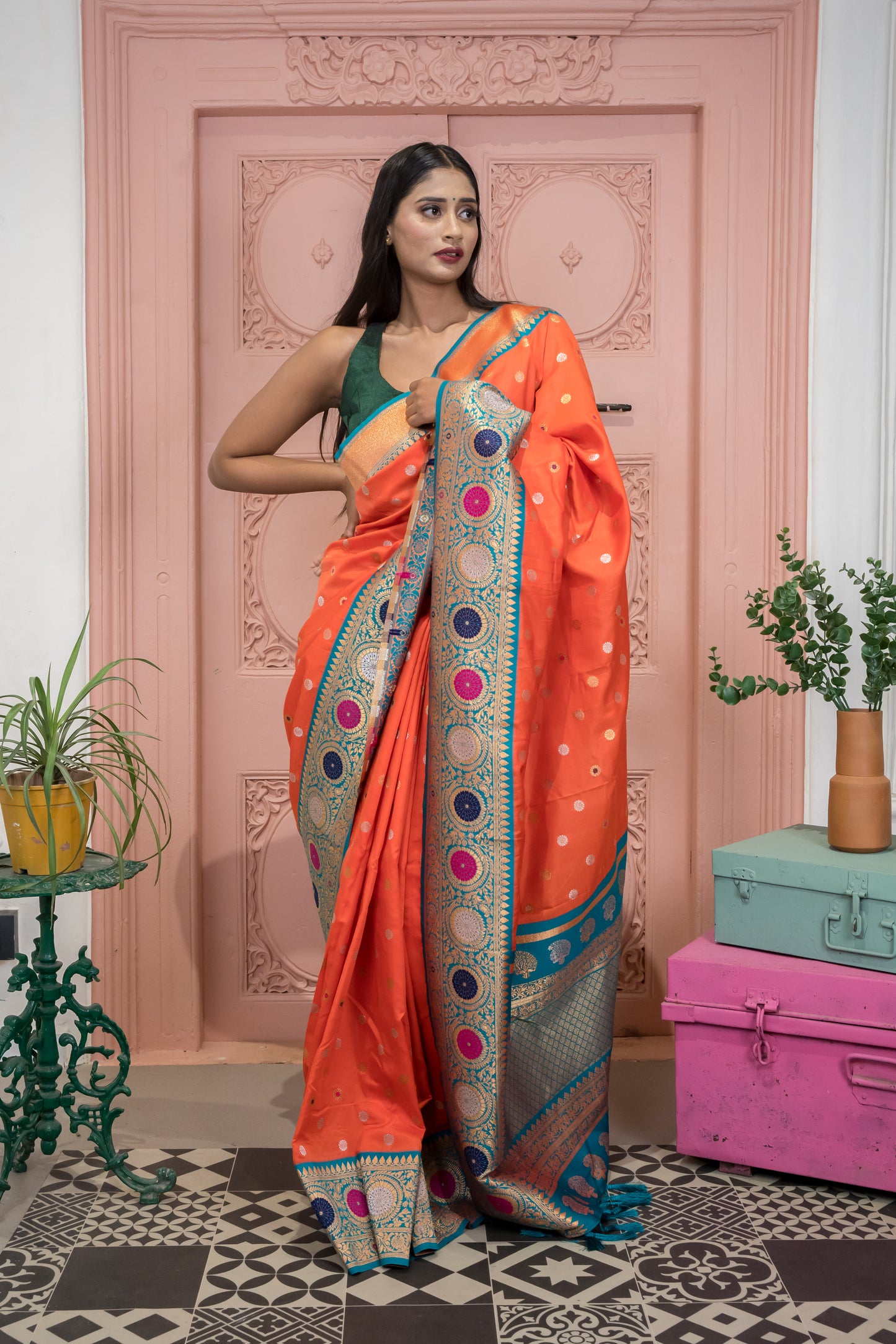 Banarasi Silk Saree with Circular Zari Motifs & Ethnic Border Design (Light Orange)