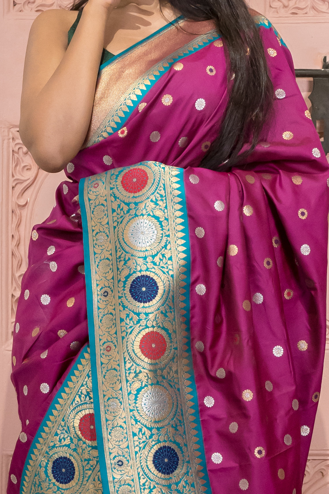 Banarasi Silk Saree with Circular Zari Motifs & Ethnic Border Design (Purple)